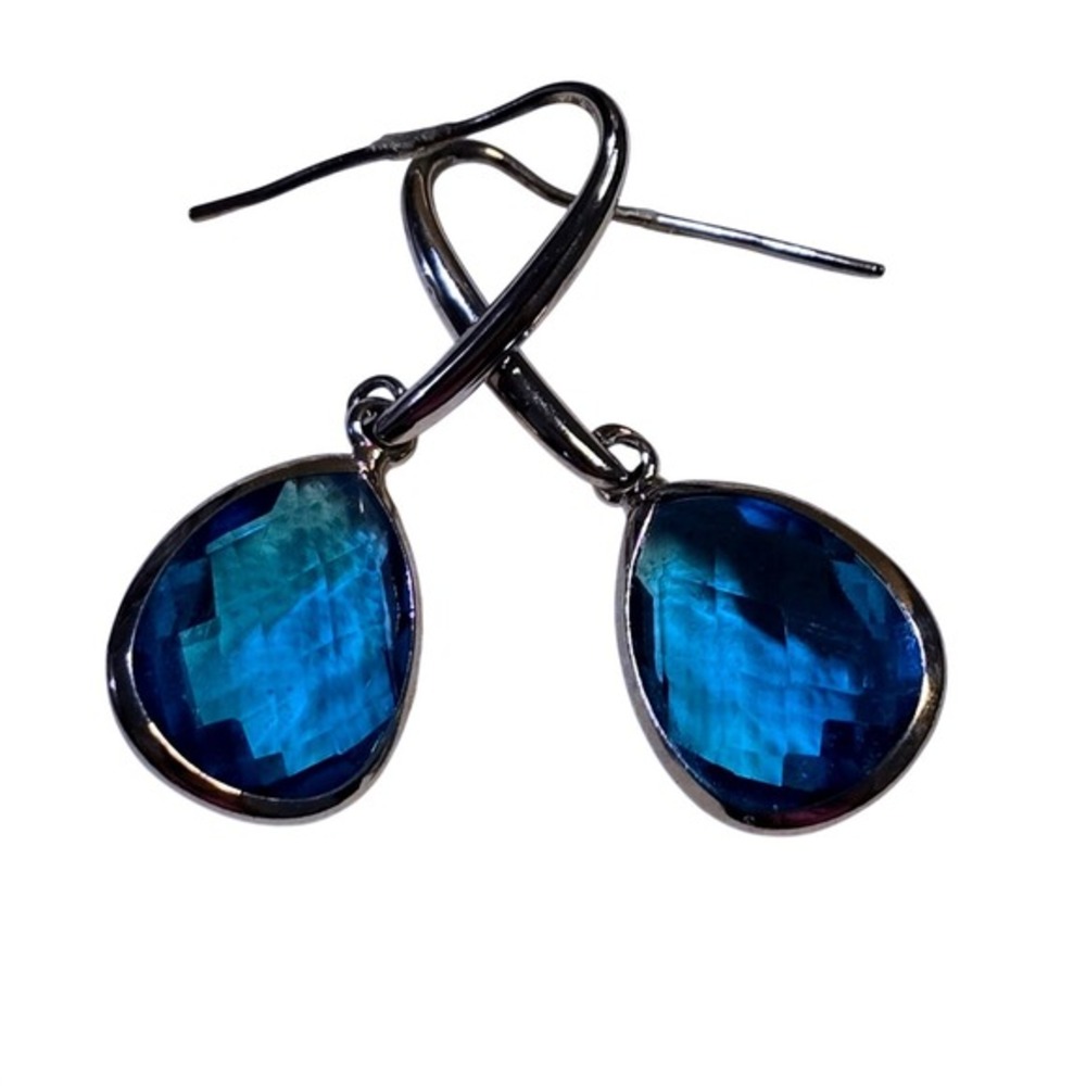 Lucky Brand Teal Blue Faceted‎ Glass Teardrop Dangle Earrings Silver French Hook